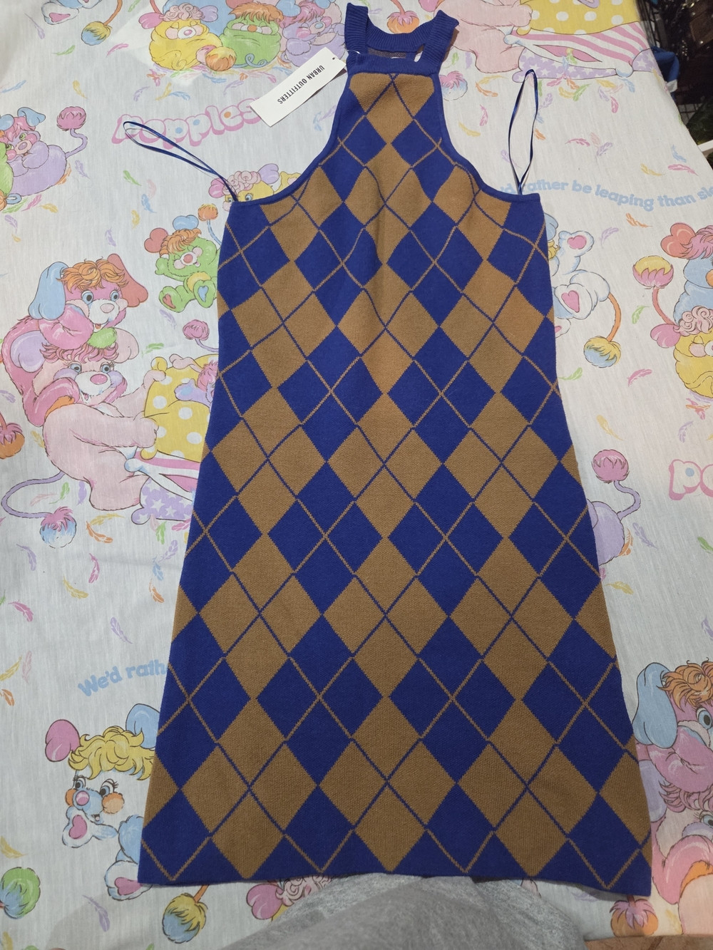 Urban Outfitters Blue and Brown Argyle Halter Dress Xs Nwt